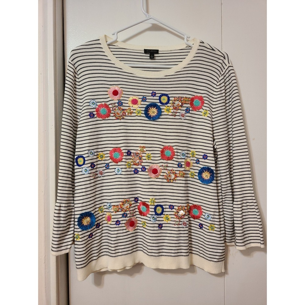Talbots Striped Sweater Colorful Embroidered Floral with Beads and Sequins. Sz L